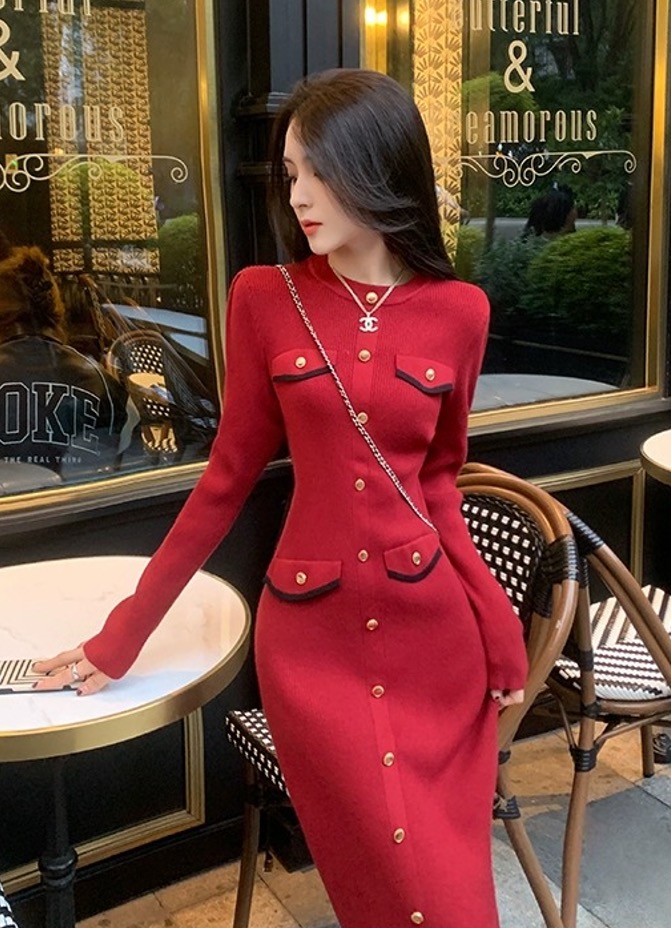 Korean Xiaoxiangfeng Christmas Wedding Toast, Red Knitted Sweater Dress, Autumn and Winter Small Person Interior Undercover Skirt Korean Xiaoxiangfeng Christmas Wedding Toast, Red Knitted Sweater Dress, Autumn and Winter Small Person Interior Undercover Skirt