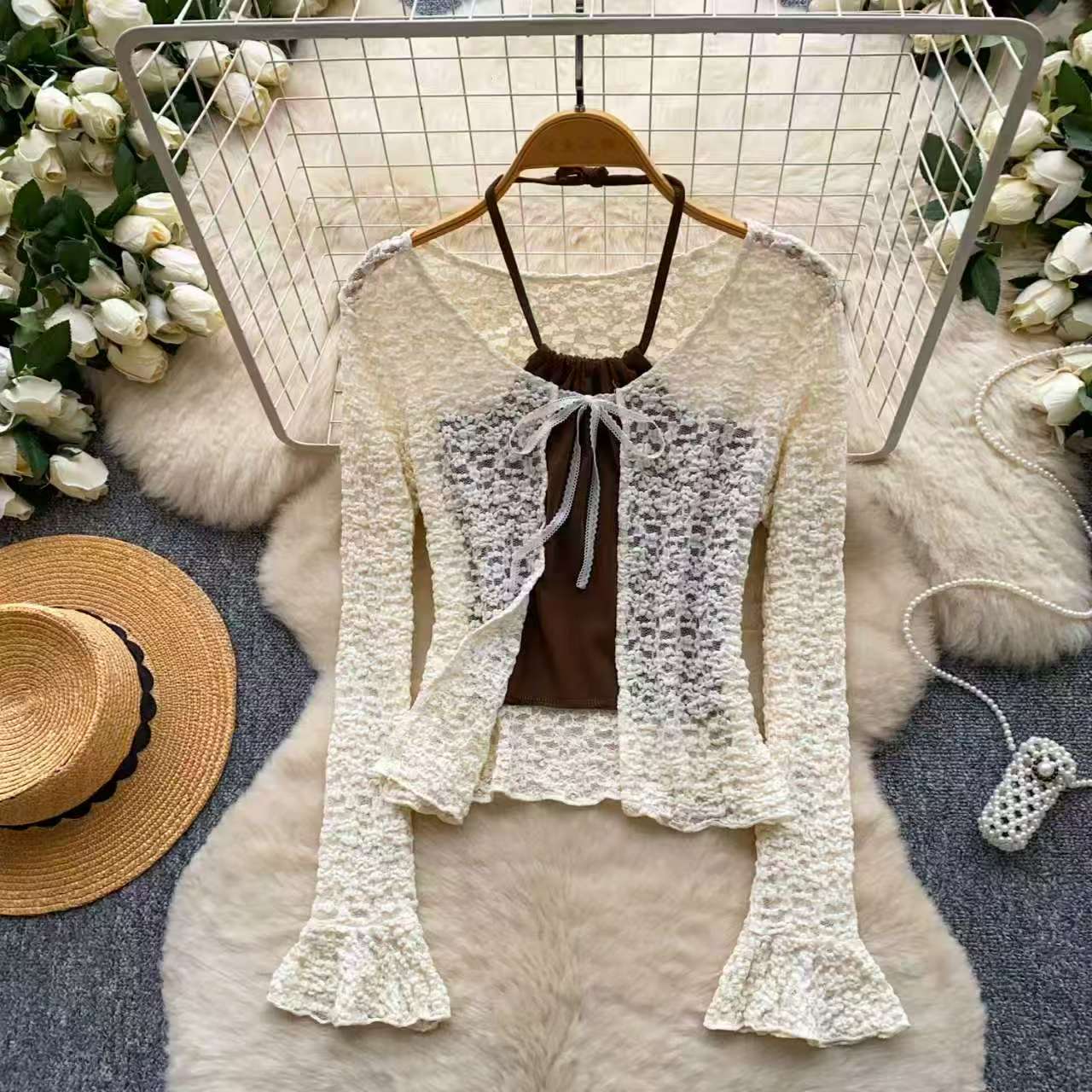French hollow camisole lace cardigan women's spring lace collar flared sleeves two-piece set slimming and sun protection temperament set French hollow camisole lace cardigan women's spring lace collar flared sleeves two-piece set slimming and sun protection temperament set