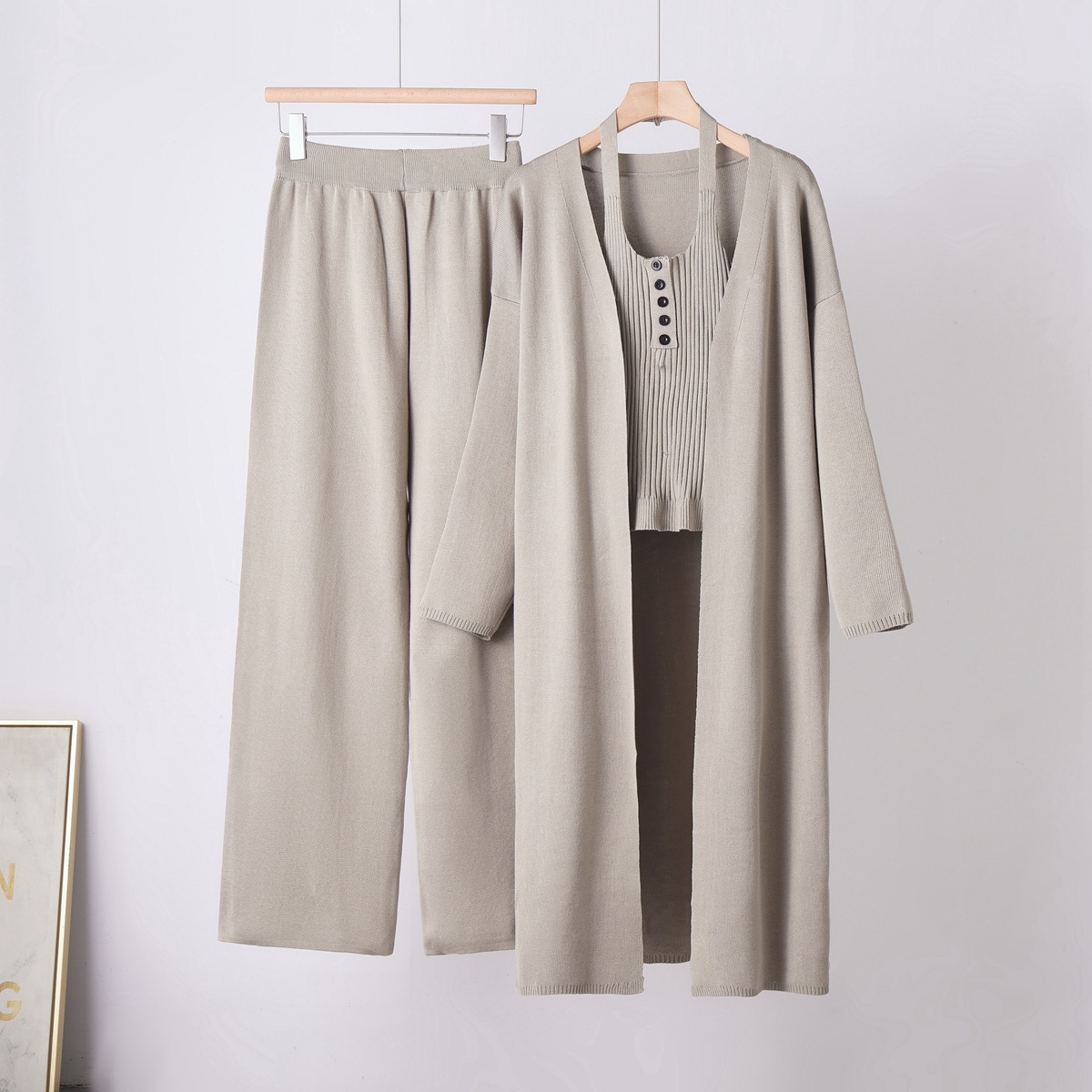 Cross border women's autumn and winter new slim fit and slimming knitted cardigan, tank top, wide leg pants, knitted three piece set for women