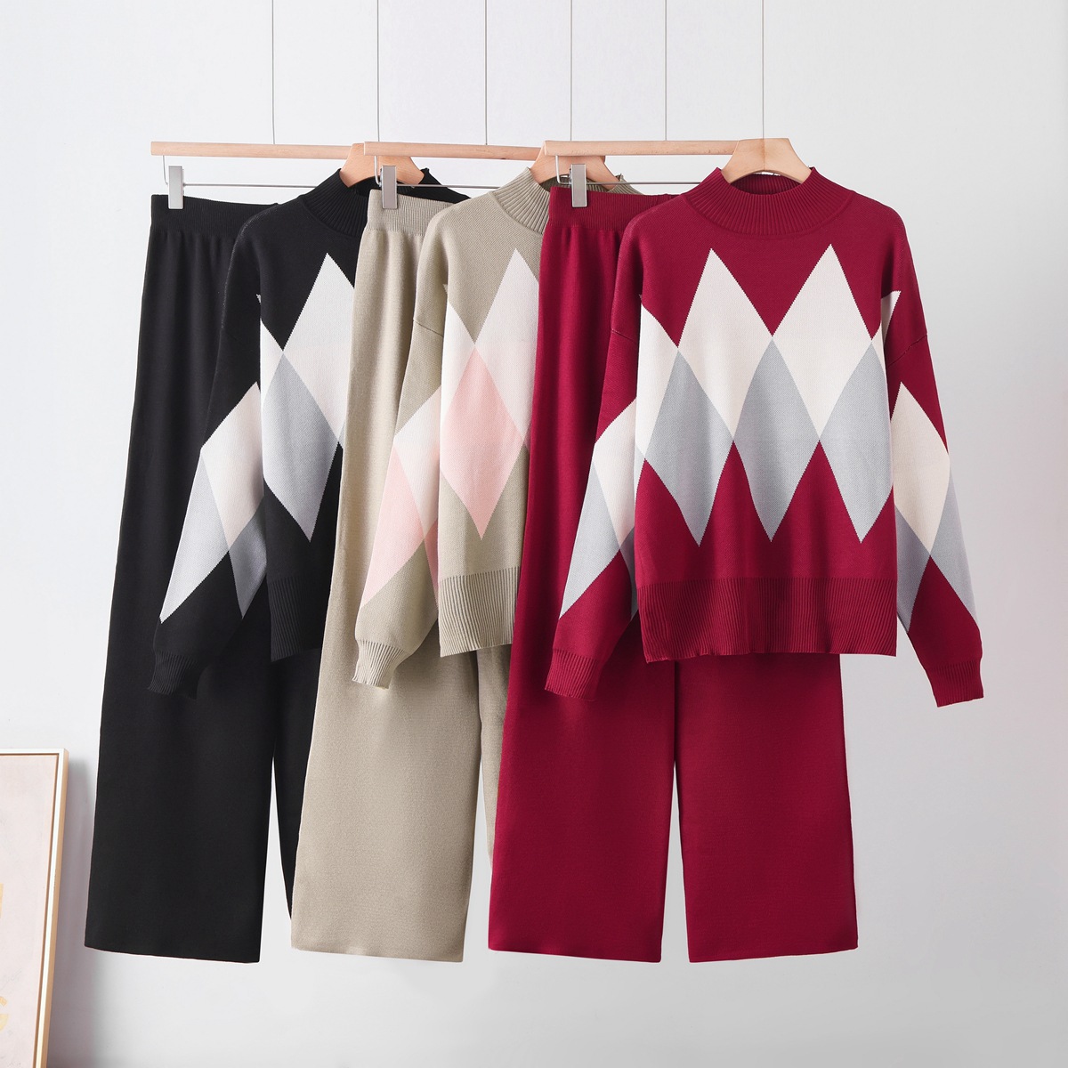 Cross border European and American fashion suit autumn and winter new loose round neck versatile sweater+casual wide leg pants two-piece set for women Cross border European and American fashion suit autumn and winter new loose round neck versatile sweater+casual wide leg pants two-piece set for women