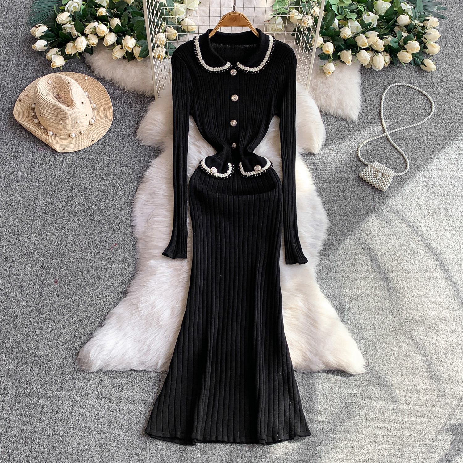 Foreign trade high-end temperament woven doll collar dress for women autumn and winter long sleeved knitted elastic waist with elegant fish tail Foreign trade high-end temperament woven doll collar dress for women autumn and winter long sleeved knitted elastic waist with elegant fish tail