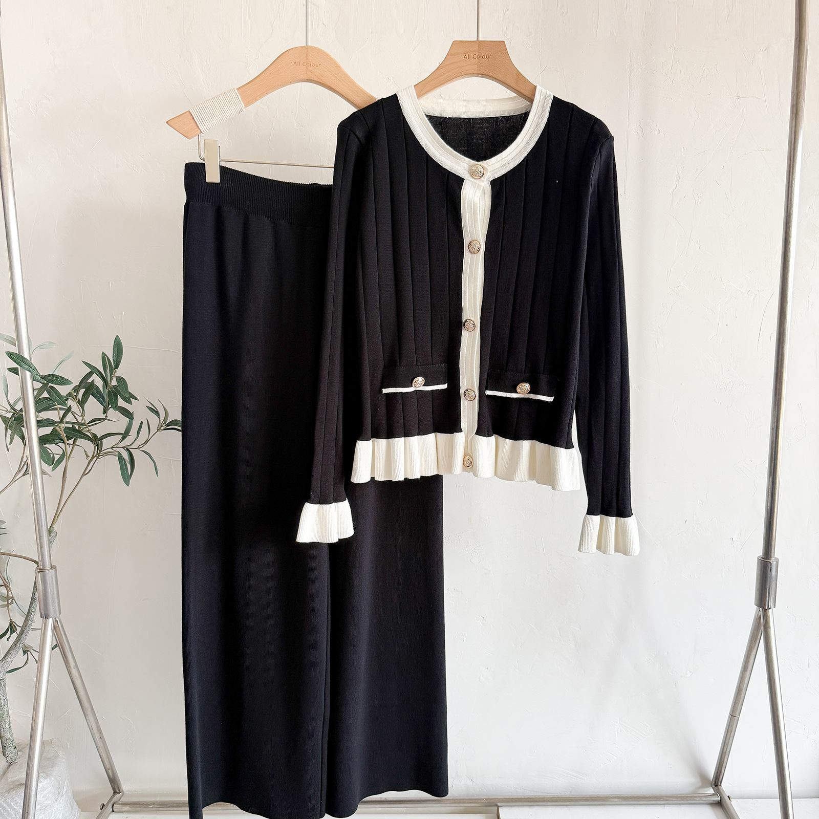 Cross border European Station Autumn and Winter Horn Long Sleeve Knitted Cardigan Set for Women's Fashion Wide Leg Pants, Style Two Piece Set, Trendy