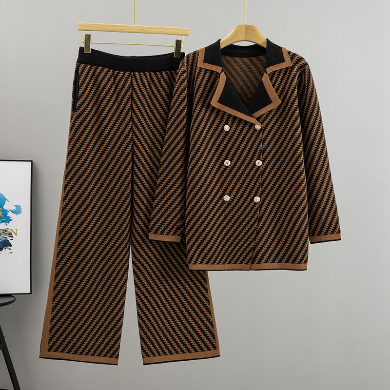 Cross border foreign trade design sense lapel fashion suit women's autumn jacquard striped jacket women's western-style knitted two-piece set