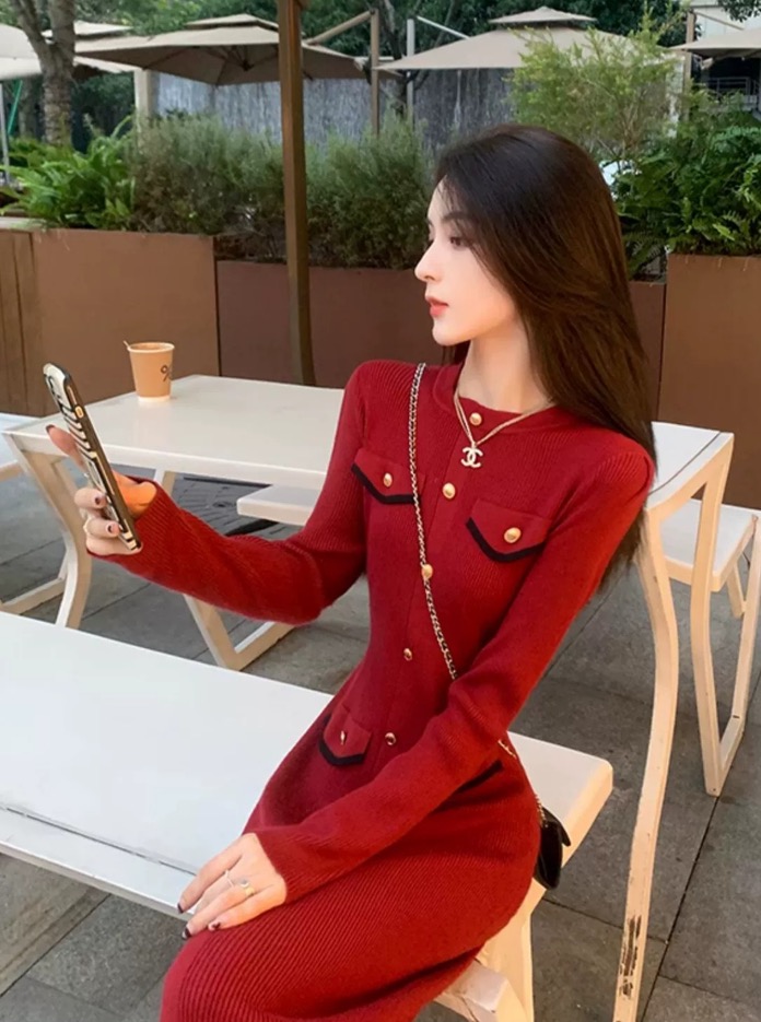 Korean Xiaoxiangfeng Christmas Wedding Toast, Red Knitted Sweater Dress, Autumn and Winter Small Person Interior Undercover Skirt Korean Xiaoxiangfeng Christmas Wedding Toast, Red Knitted Sweater Dress, Autumn and Winter Small Person Interior Undercover Skirt