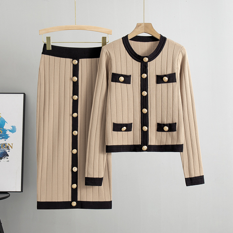 Cross border European Station Autumn Set Skirt Temperament Celebrity Half body Skirt Knitted Cardigan Two piece Set Dress Female Spring and Autumn