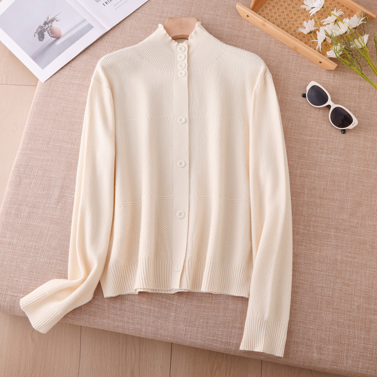 Half high neck gray long sleeved sweater knitted button cardigan jacket for women 2026 winter new atmospheric top Half high neck gray long sleeved sweater knitted button cardigan jacket for women 2026 winter new atmospheric top