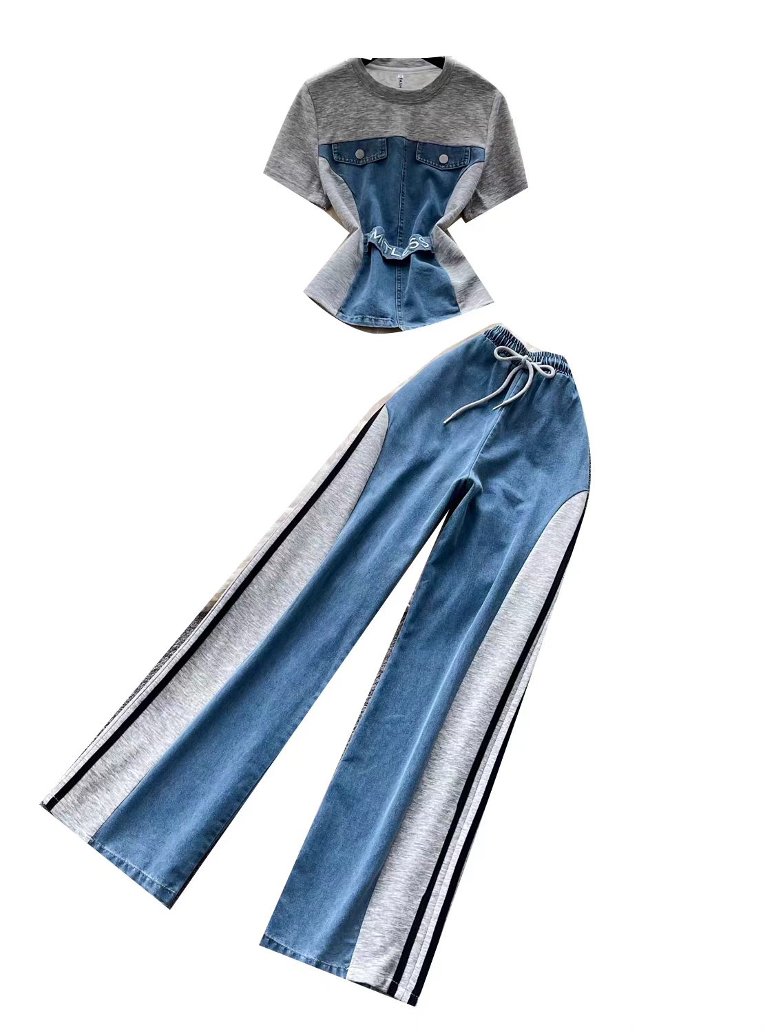 Hong Kong style retro patchwork short sleeved denim suit for women's summer daily casual straight leg pants two-piece set for slimming wear Hong Kong style retro patchwork short sleeved denim suit for women's summer daily casual straight leg pants two-piece set for slimming wear