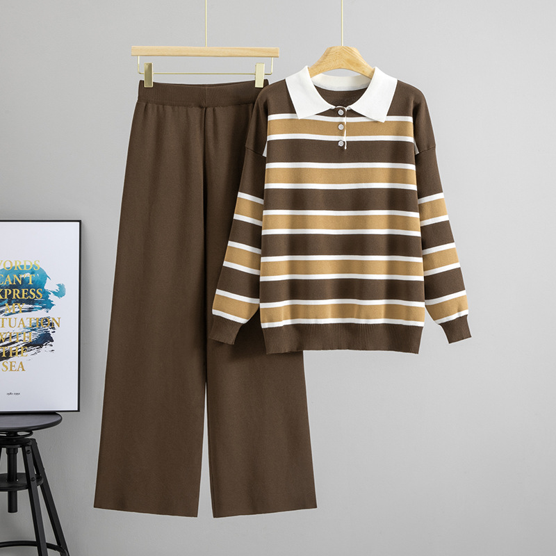 Cross border fashion knitted suit, feminine temperament, lapel, contrasting color, wide stripe sweater, casual loose wide leg pants two-piece set