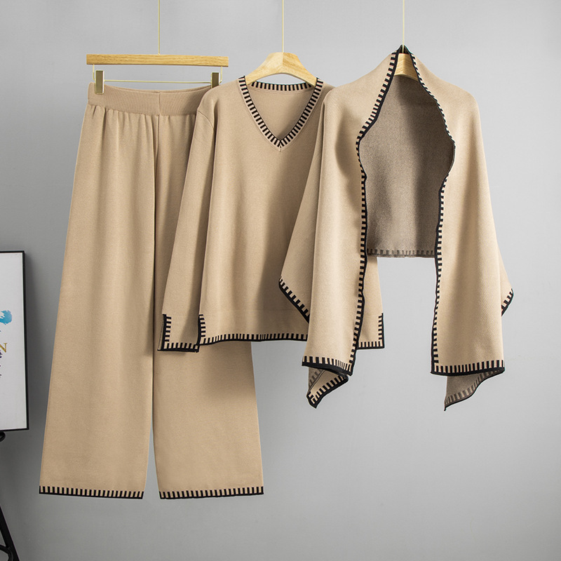 Cross border European and American style autumn and winter new fashion outfit shawl sweater wide leg pants knitted three piece set temperament set for women