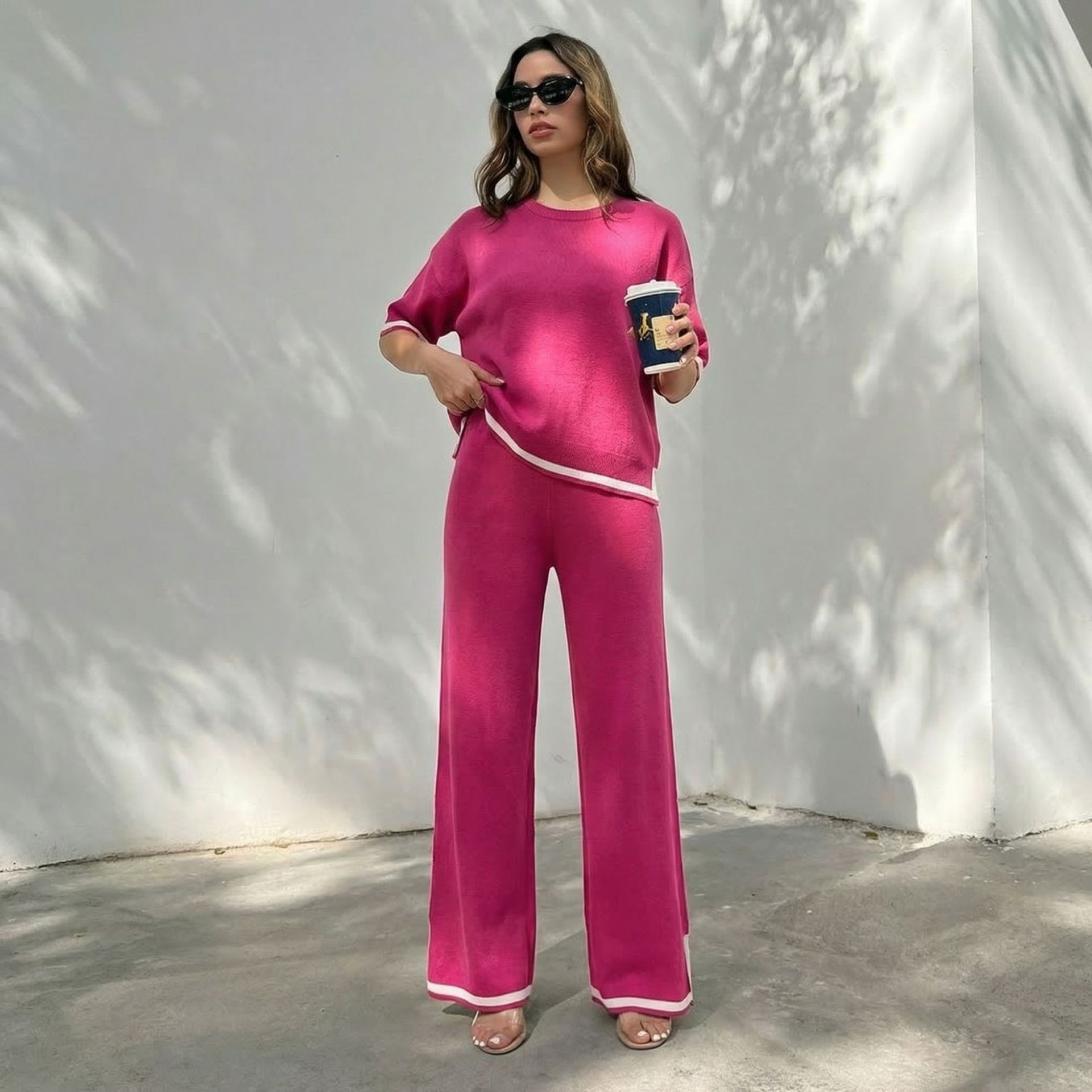 Cross border fashion suit temperament contrasting color split short sleeved sweater+ Waist slimming wide leg pants long pants two-piece set for women Cross border fashion suit temperament contrasting color split short sleeved sweater+ Waist slimming wide leg pants long pants two-piece set for women