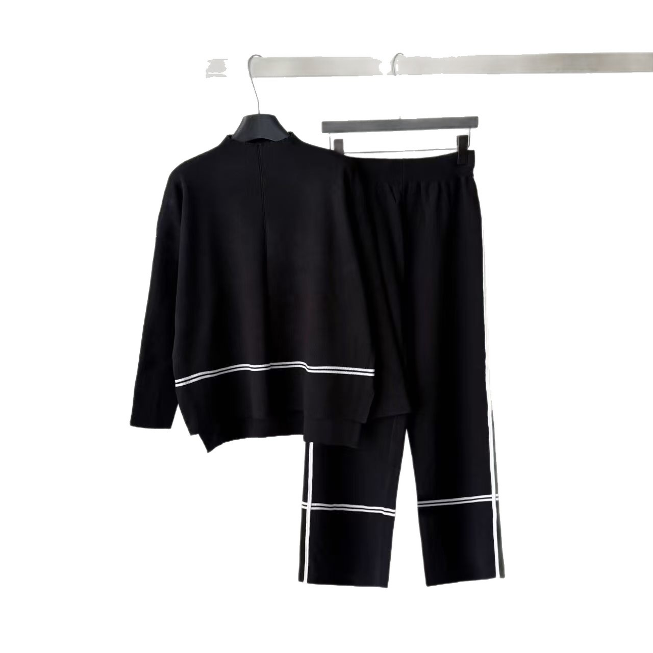 Cross border high-end contrasting striped knitted suit for women's spring and summer half neck wide leg pants two-piece set, lazy style outfit Cross border high-end contrasting striped knitted suit for women's spring and summer half neck wide leg pants two-piece set, lazy style outfit