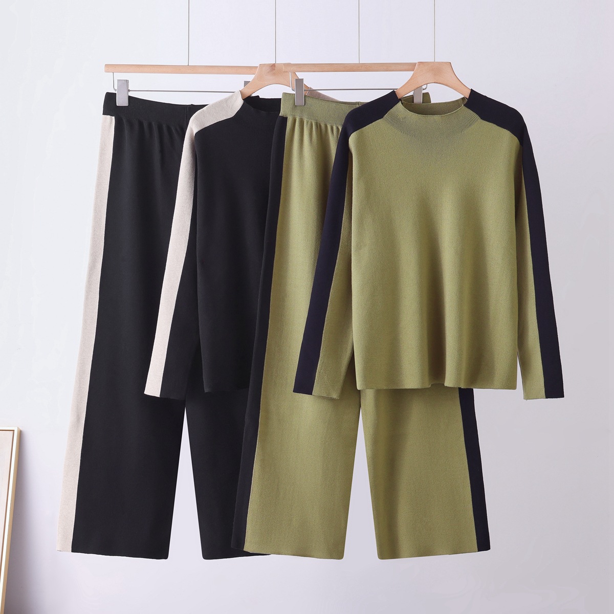 Cross border foreign trade new fashionable loose and slim knit sweater, women's high waisted contrasting wide leg pants two-piece set Cross border foreign trade new fashionable loose and slim knit sweater, women's high waisted contrasting wide leg pants two-piece set