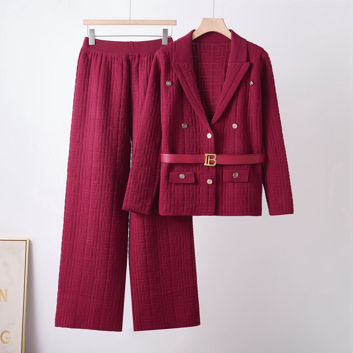 European and American style professional suit collar jacket fashion suit, women's spring and autumn high-end feeling, slimming knit hip hugging skirt two-piece set