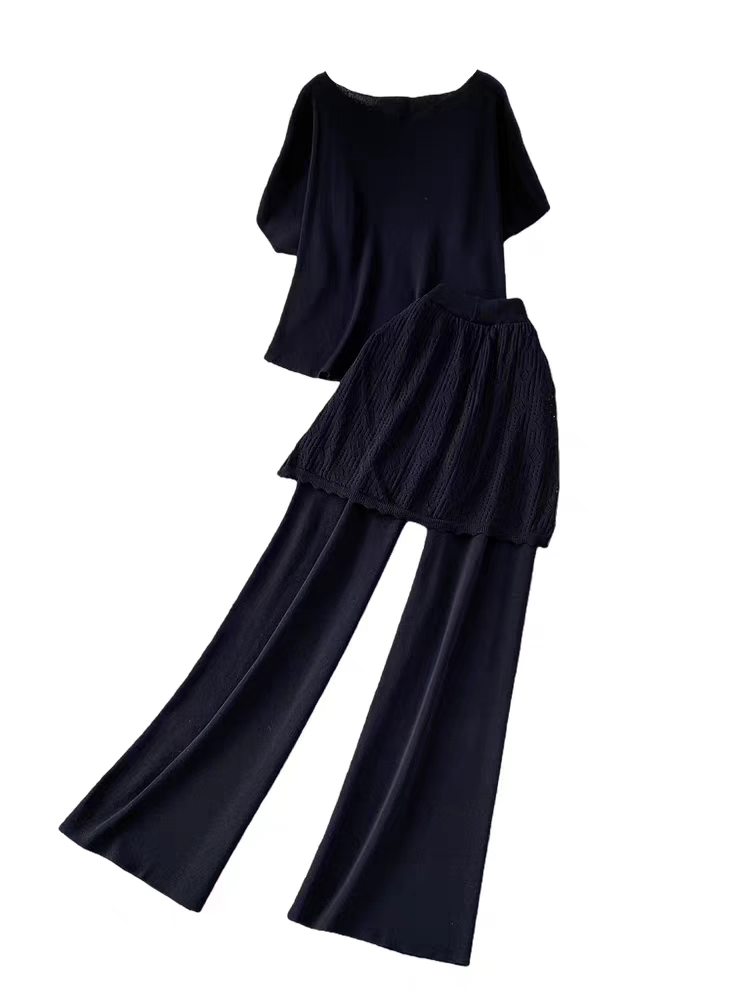 French socialite temperament round neck T-shirt top+niche hollowed out fart curtain hiding flesh and slimming knitted wide leg pants two-piece set French socialite temperament round neck T-shirt top+niche hollowed out fart curtain hiding flesh and slimming knitted wide leg pants two-piece set