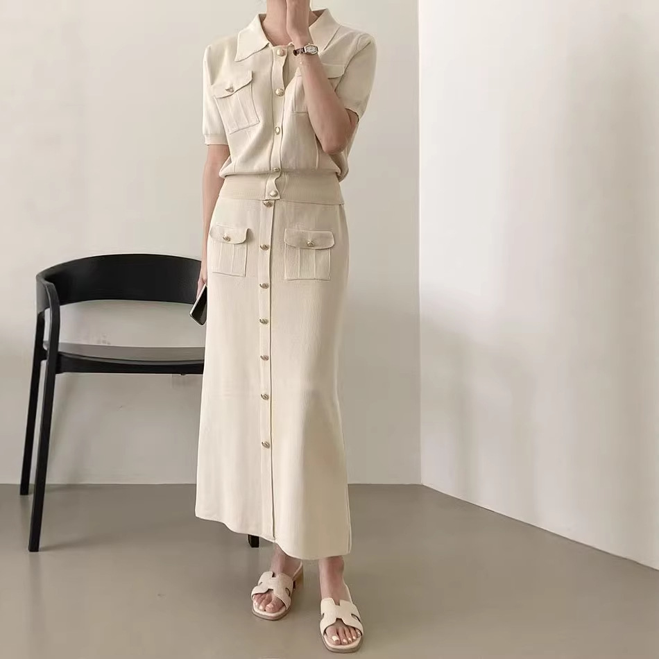 Cross border Spring Premium Knitted Set Fashion Polo Collar Button+Slim fit Mid length Skirt Knitted Two Piece Set for Women