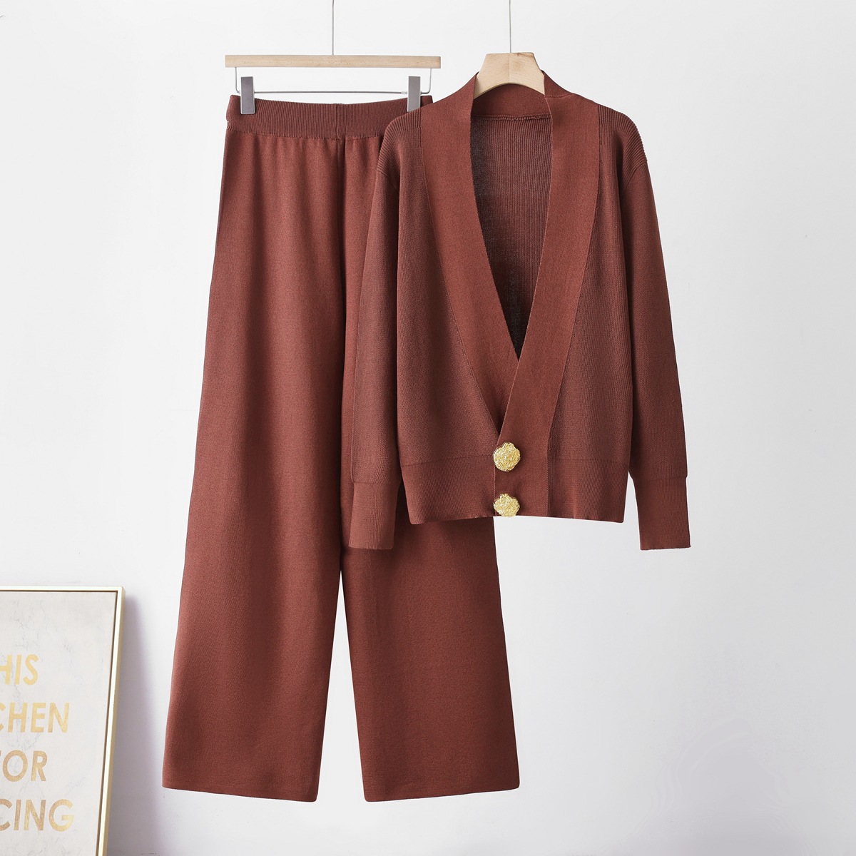 Cross border fashion European and American set, women's spring and autumn temperament, big metal buckle knitted cardigan+casual wide leg pants two-piece set Cross border fashion European and American set, women's spring and autumn temperament, big metal buckle knitted cardigan+casual wide leg pants two-piece set