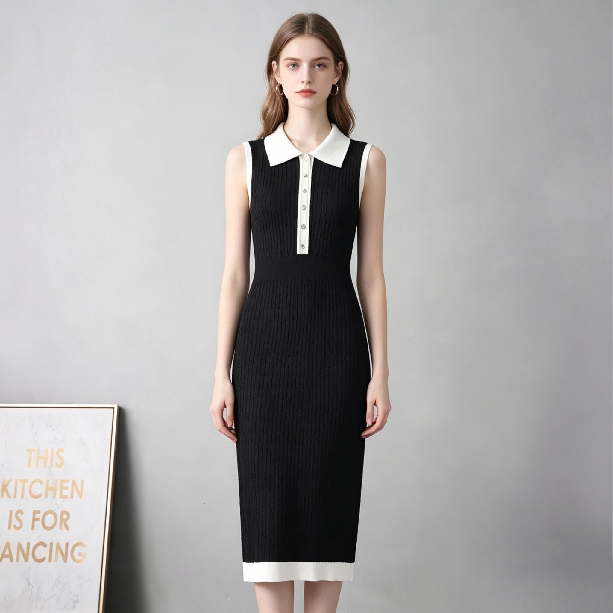 Foreign trade cross-border elegant contrasting color lapel short sleeved dress for women, cinched waist, simple slimming effect, pit stripe long skirt for women Foreign trade cross-border elegant contrasting color lapel short sleeved dress for women, cinched waist, simple slimming effect, pit stripe long skirt for women