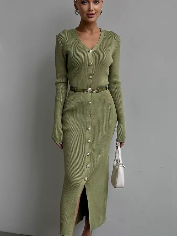 French Knitted Dress with Waist Belt, V-neck, Single Row Button, Western Style Sweater, Long Dress French Knitted Dress with Waist Belt, V-neck, Single Row Button, Western Style Sweater, Long Dress