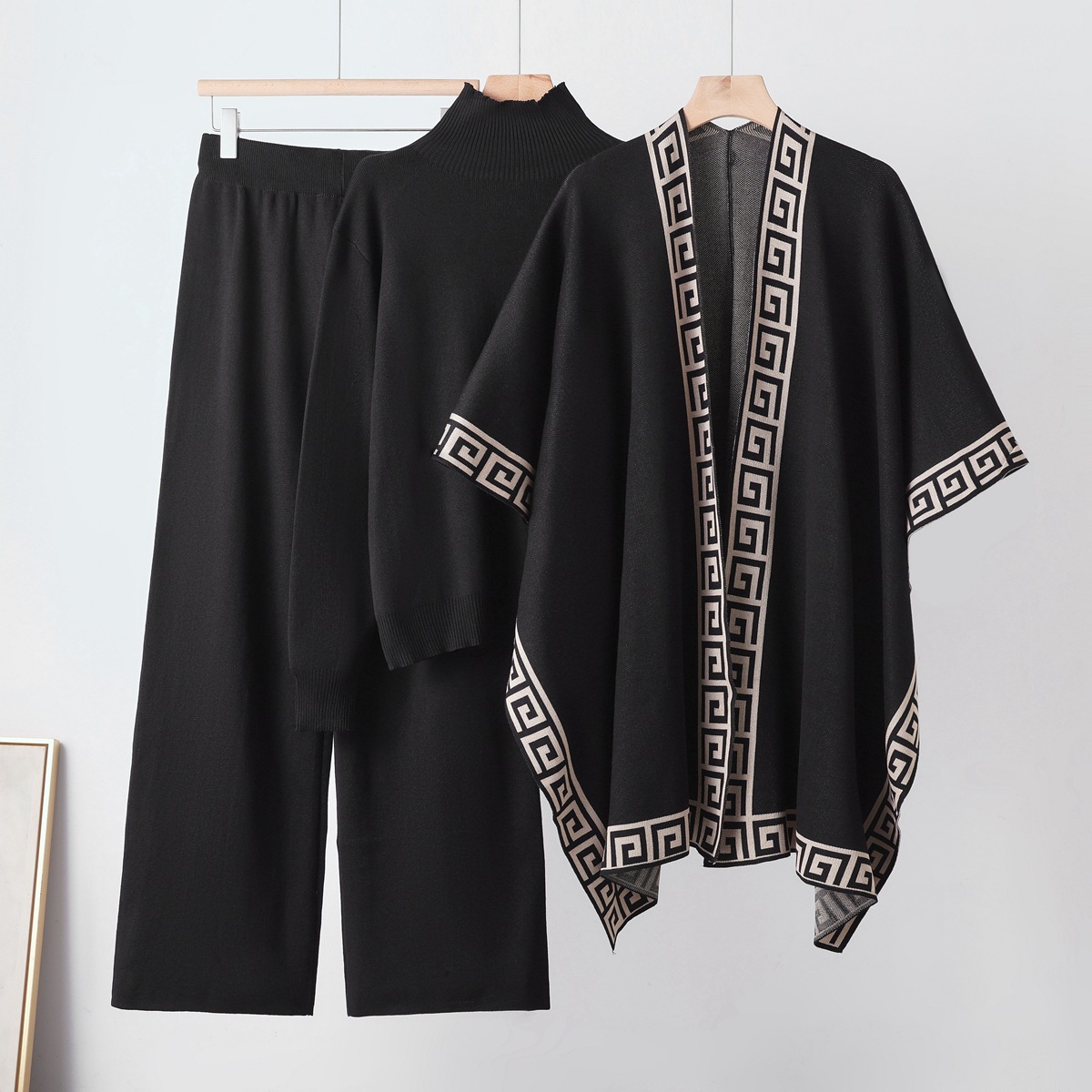 26 year cross-border loose and lazy mid neck pullover knitted sweater paired with a shawl cloak jacket and wide leg pants three piece set