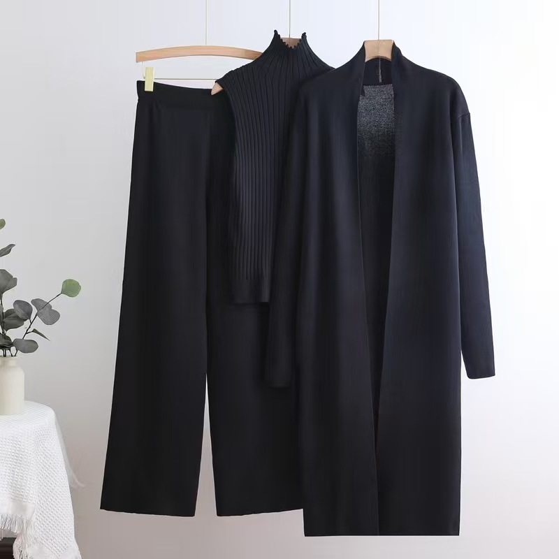 European and American style solid color casual suit women's shawl jacket V-neck base knitted sweater wide leg pants three piece set women European and American style solid color casual suit women's shawl jacket V-neck base knitted sweater wide leg pants three piece set women
