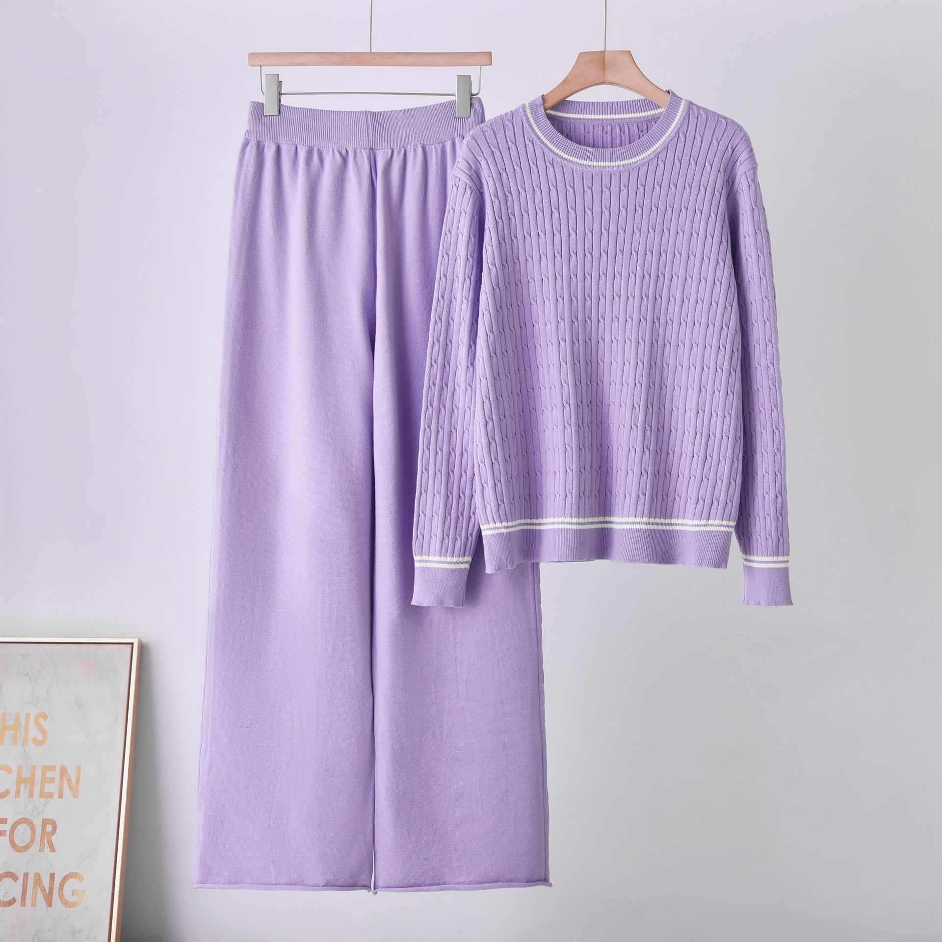 Cross border Temu foreign trade Fried Dough Twists quality wool two piece round neck sweater loose casual suit long sleeve knitwear