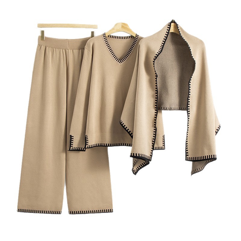 Cross border European and American style autumn and winter new fashion outfit shawl sweater wide leg pants knitted three piece set temperament set for women Cross border European and American style autumn and winter new fashion outfit shawl sweater wide leg pants knitted three piece set temperament set for women