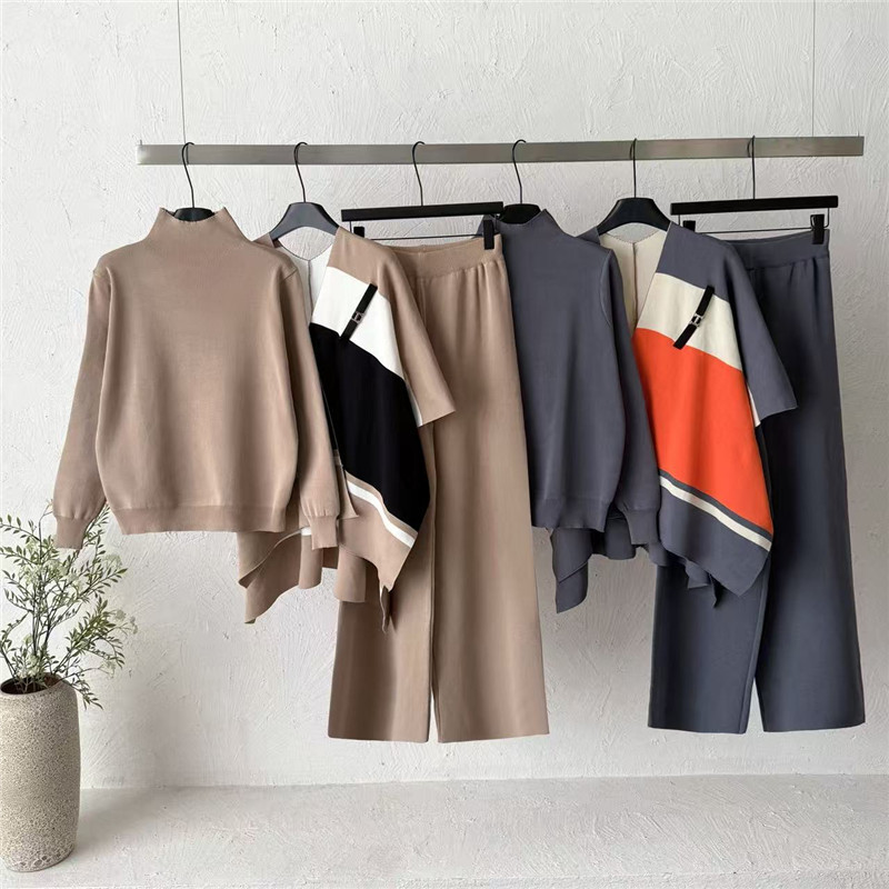 European and American cross-border lazy style fashionable color blocked shawl knitted three piece set, stylish autumn new sweater temperament set