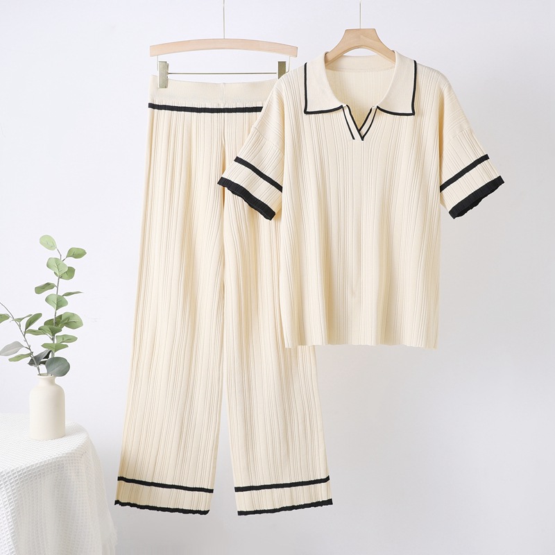 2025 New Korean Summer Dress Polo Collar Short Sleeve Fashion Loose Top Look Thin High Waist Wide Leg Pants Set Cross 2025 New Korean Summer Dress Polo Collar Short Sleeve Fashion Loose Top Look Thin High Waist Wide Leg Pants Set Cross