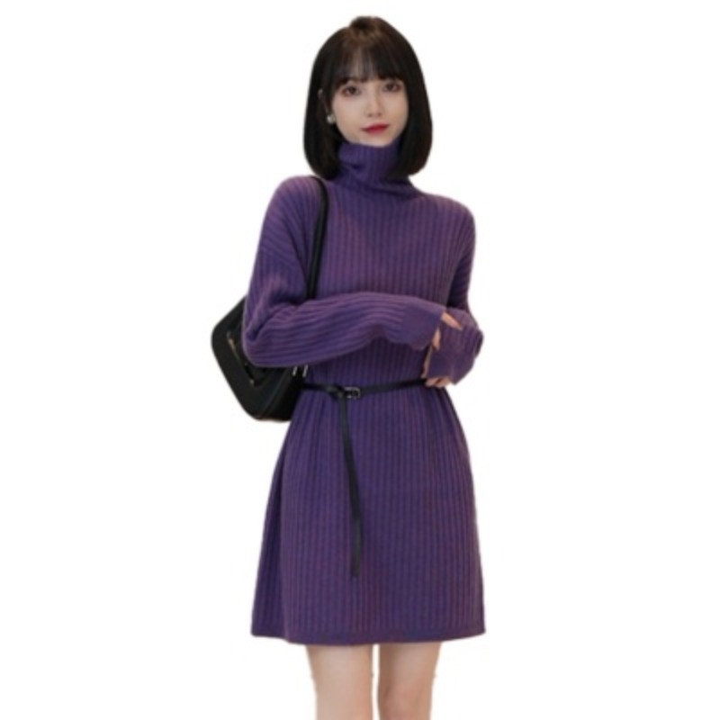 Original high neck pure wool skirt, Weiweiqi with belt, new mid to long 100 sheep wool dress