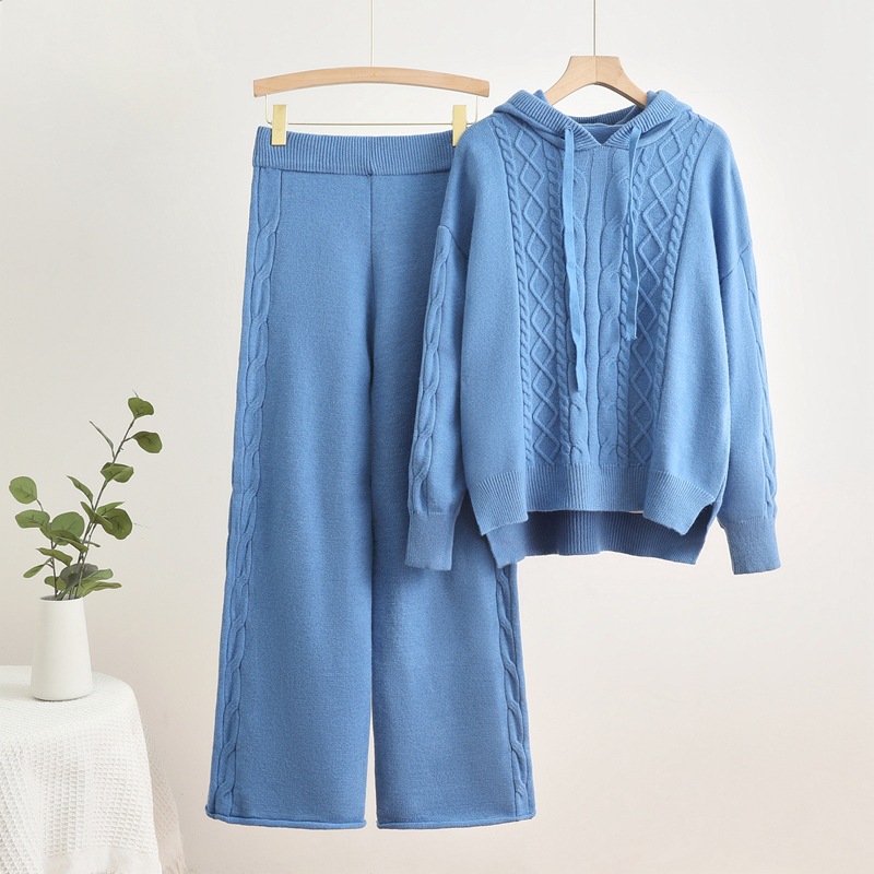 2024 autumn and winter new knitted hooded drawstring thread hoodie wide leg pants two-piece set fashionable and casual set