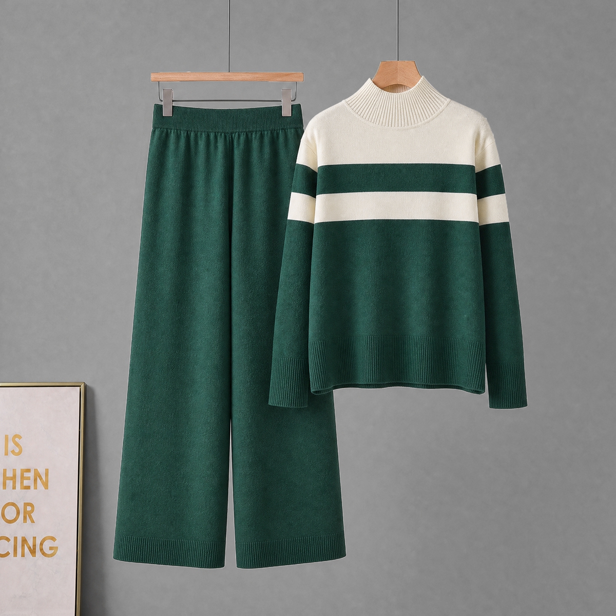 Korean casual fashion knitted suit women's autumn and winter loose long sleeved contrasting color top high waist slimming wide leg long pants Korean casual fashion knitted suit women's autumn and winter loose long sleeved contrasting color top high waist slimming wide leg long pants