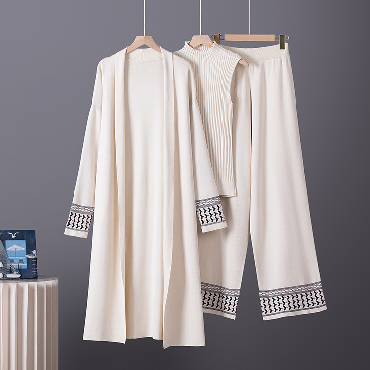 Cross border lazy temperament knitted suit for women's autumn and winter new vest sweater cardigan wide leg pants three piece set at the European station