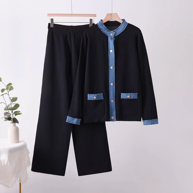 French socialite goddess style fashionable design denim patchwork knitted round neck jacket+high waist wide leg pants two-piece set French socialite goddess style fashionable design denim patchwork knitted round neck jacket+high waist wide leg pants two-piece set