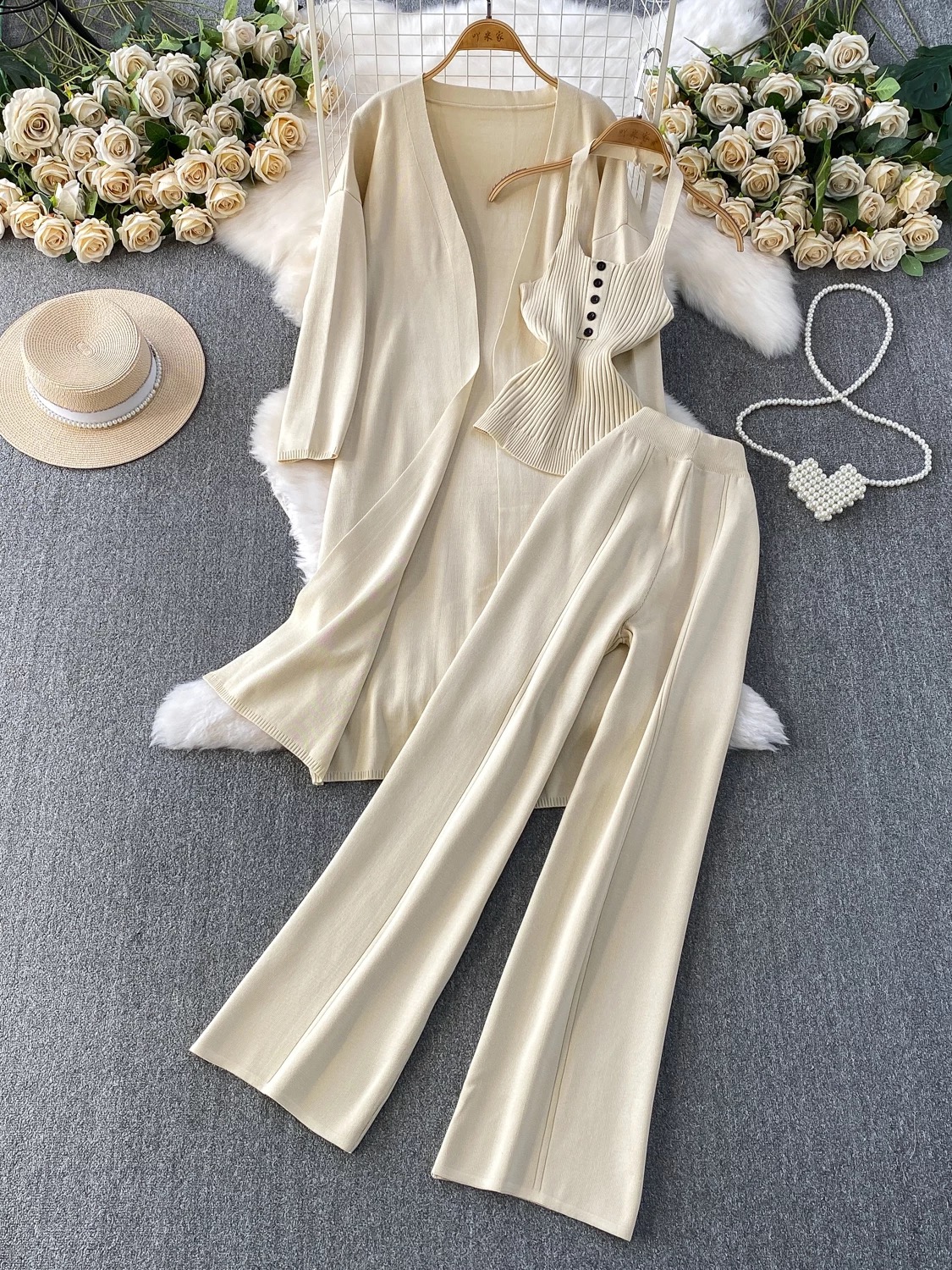 Lazy style casual mid length cardigan jacket+pure desire princess style camisole+high waist slimming wide leg pants three piece set