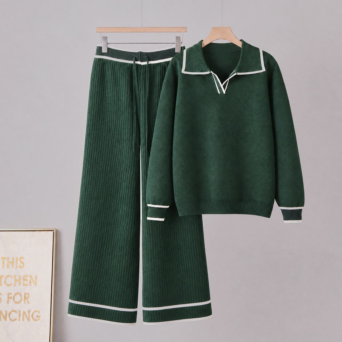 Cross border Amazon Europe Fashion Casual Set Long Sleeve Polo Collar Wide Leg Pants Knitted Two Piece Set for Women Cross border Amazon Europe Fashion Casual Set Long Sleeve Polo Collar Wide Leg Pants Knitted Two Piece Set for Women