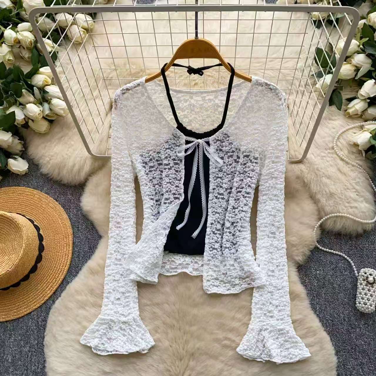 French hollow camisole lace cardigan women's spring lace collar flared sleeves two-piece set slimming and sun protection temperament set