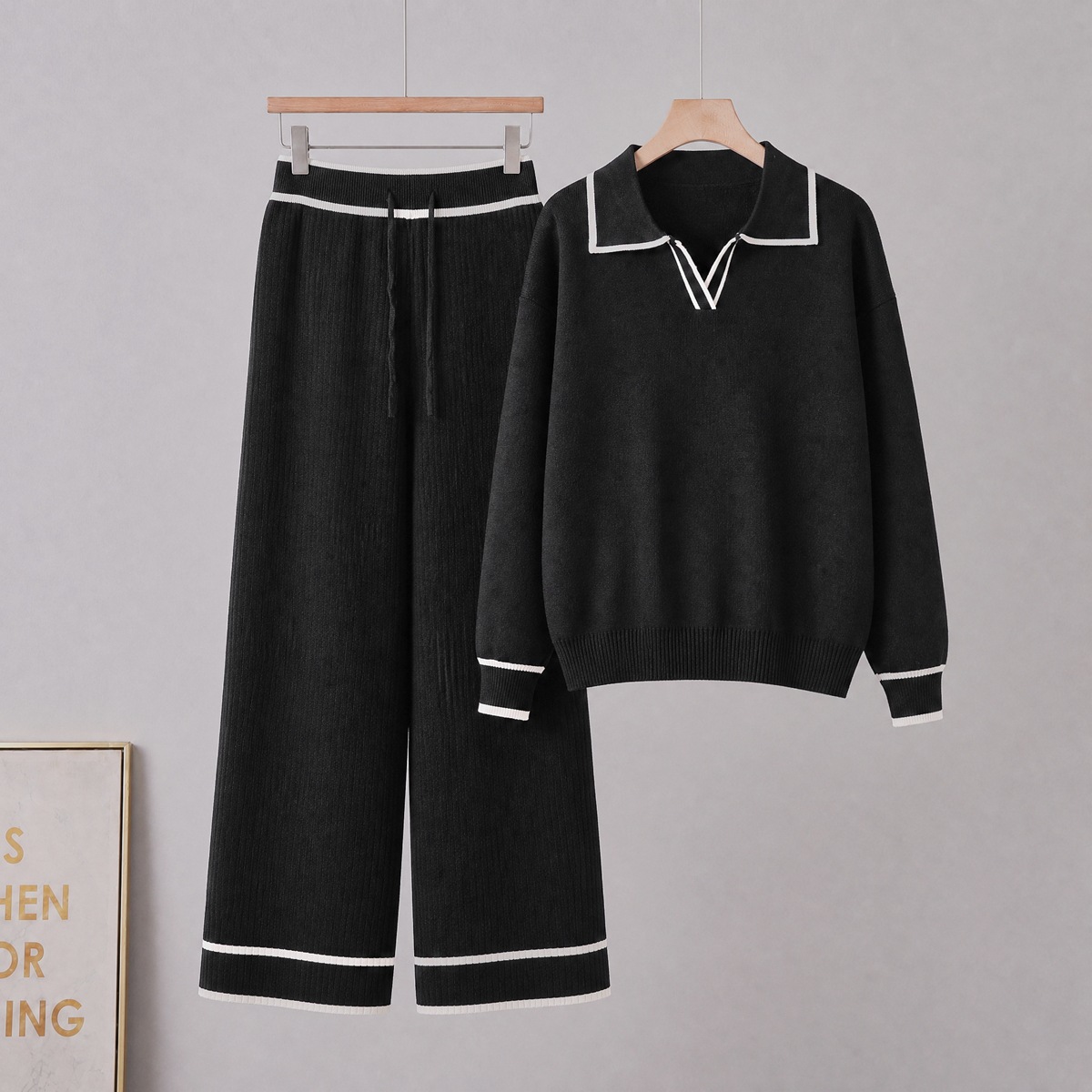 Cross border Amazon Europe Fashion Casual Set Long Sleeve Polo Collar Wide Leg Pants Knitted Two Piece Set for Women Cross border Amazon Europe Fashion Casual Set Long Sleeve Polo Collar Wide Leg Pants Knitted Two Piece Set for Women