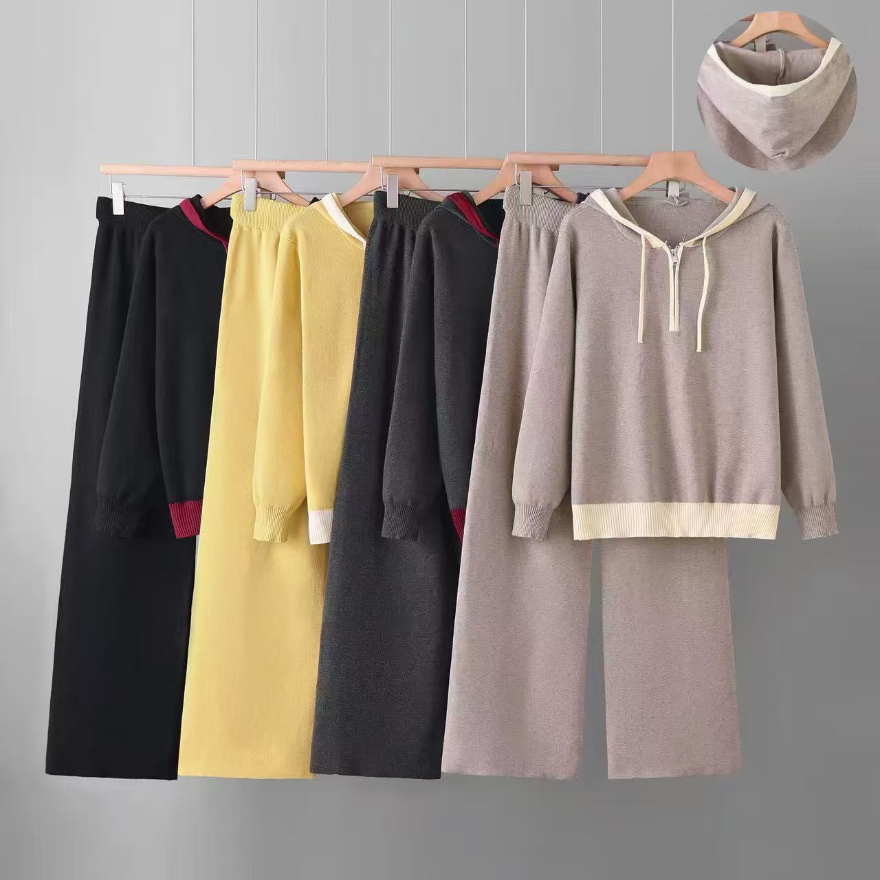 Cross border Korean soft glutinous knitted hooded set for women in spring and autumn, half zipper drawstring, loose and slimming, wide leg pants with a hanging feel