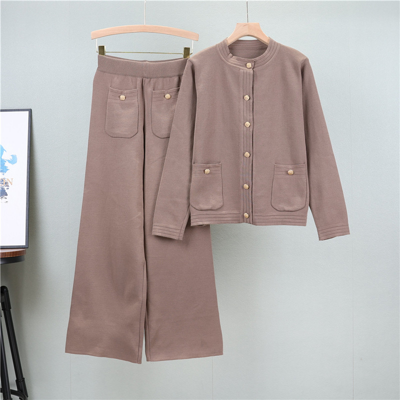 Cross border European Station Small Fragrant Style Set Women's Autumn and Winter Knitted Shirt Wide Leg Pants Fashionable and Casual Two Piece Set