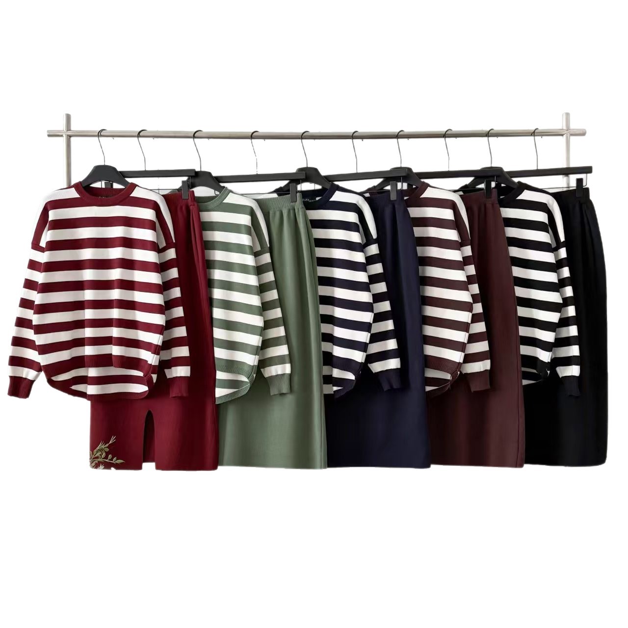 2025 Autumn/Winter New Women's Fashion Long Sleeve T-shirt+High Waist Skirt Knitted Two Piece Stripe Set 2025 Autumn/Winter New Women's Fashion Long Sleeve T-shirt+High Waist Skirt Knitted Two Piece Stripe Set