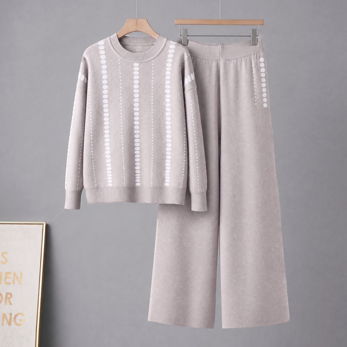 Cross border foreign trade solid color temperament knitted two-piece round neck pocket sweater+loose casual wide leg pants set for women Cross border foreign trade solid color temperament knitted two-piece round neck pocket sweater+loose casual wide leg pants set for women