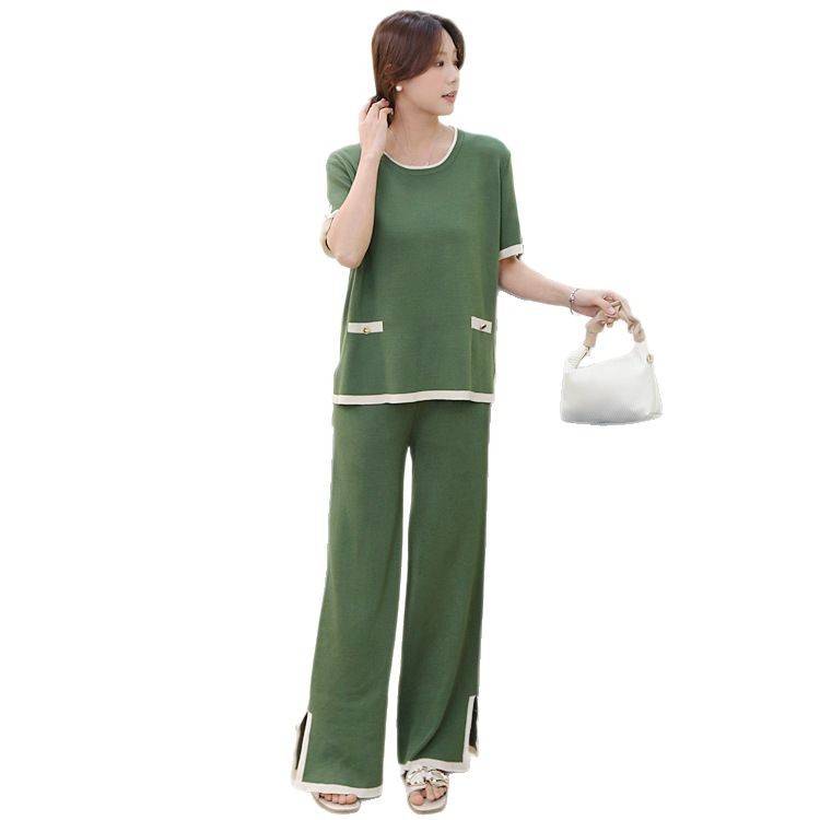 Cross border Amazon Women's Clothing 2025 Spring/Summer Style Casual Short Sleeve Knitted Pants Set for Women, European and American Style Cross border Amazon Women's Clothing 2025 Spring/Summer Style Casual Short Sleeve Knitted Pants Set for Women, European and American Style