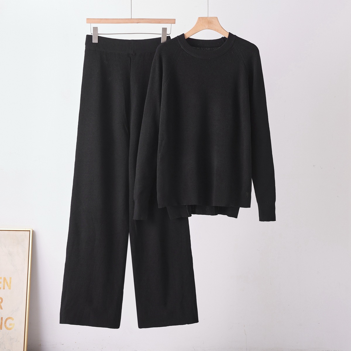 Cross border winter new thick sweater set for women, loose knit long sleeved round neck fashionable wide leg pants two-piece set for women Cross border winter new thick sweater set for women, loose knit long sleeved round neck fashionable wide leg pants two-piece set for women