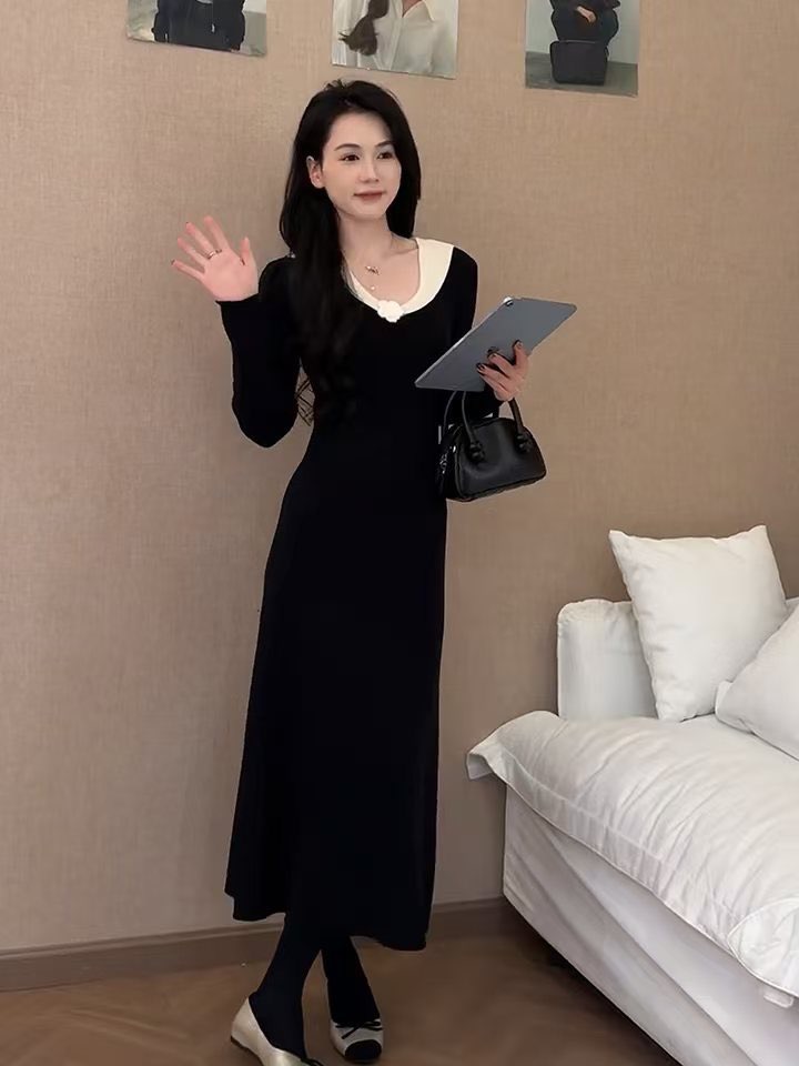 Hepburn style black heirloom dress for women's clothing in autumn and winter 2025, versatile base and waist cinching small black dress