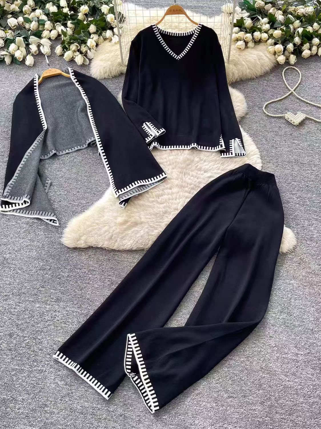 Lazy style knitted cardigan long sleeved wide leg pants three piece set for women's autumn design, slimming and versatile temperament set