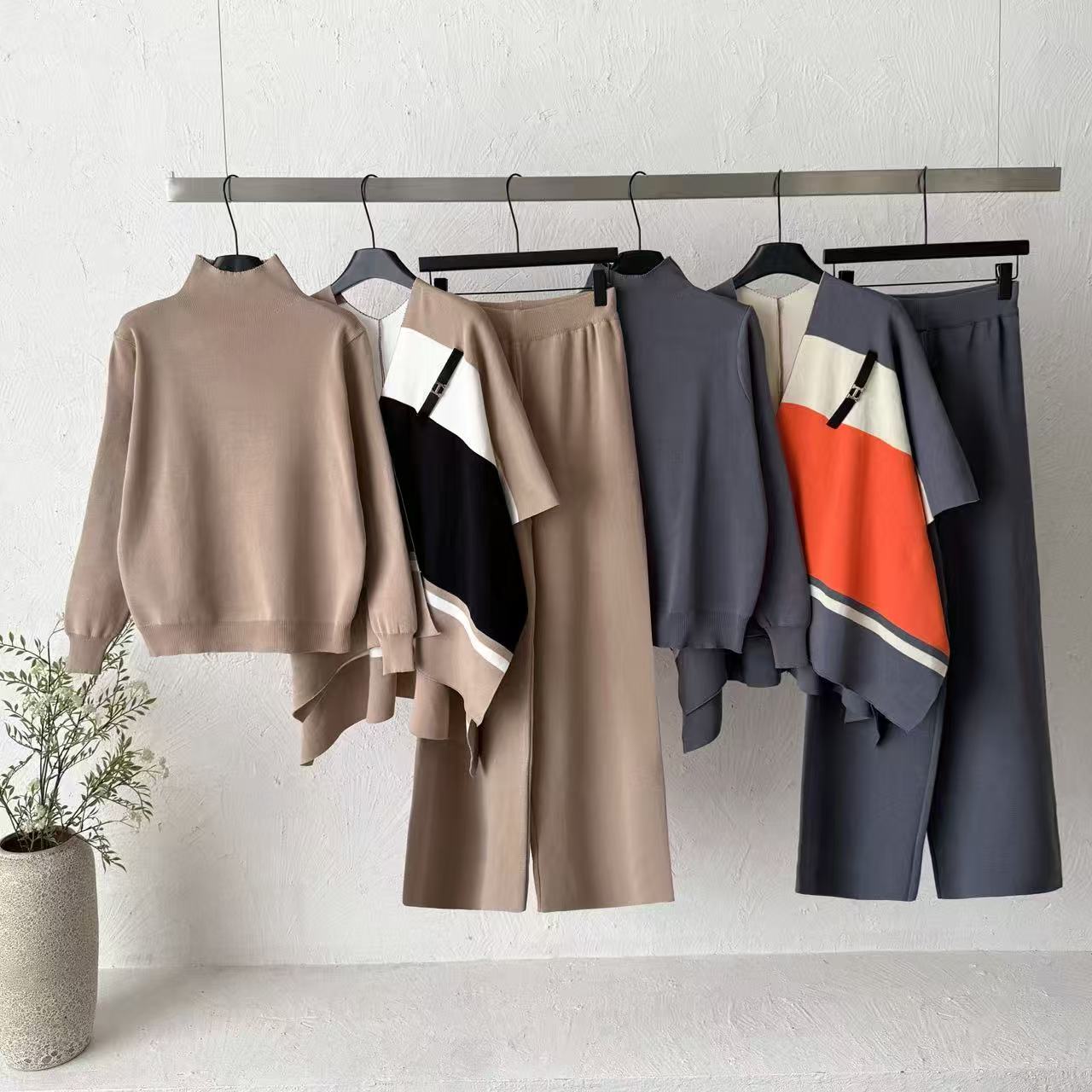 Cross border Korean semi high neck knitted three piece set for women, contrasting colors, irregular shawl, high waist, hanging feeling, wide leg pants, gentle and smooth