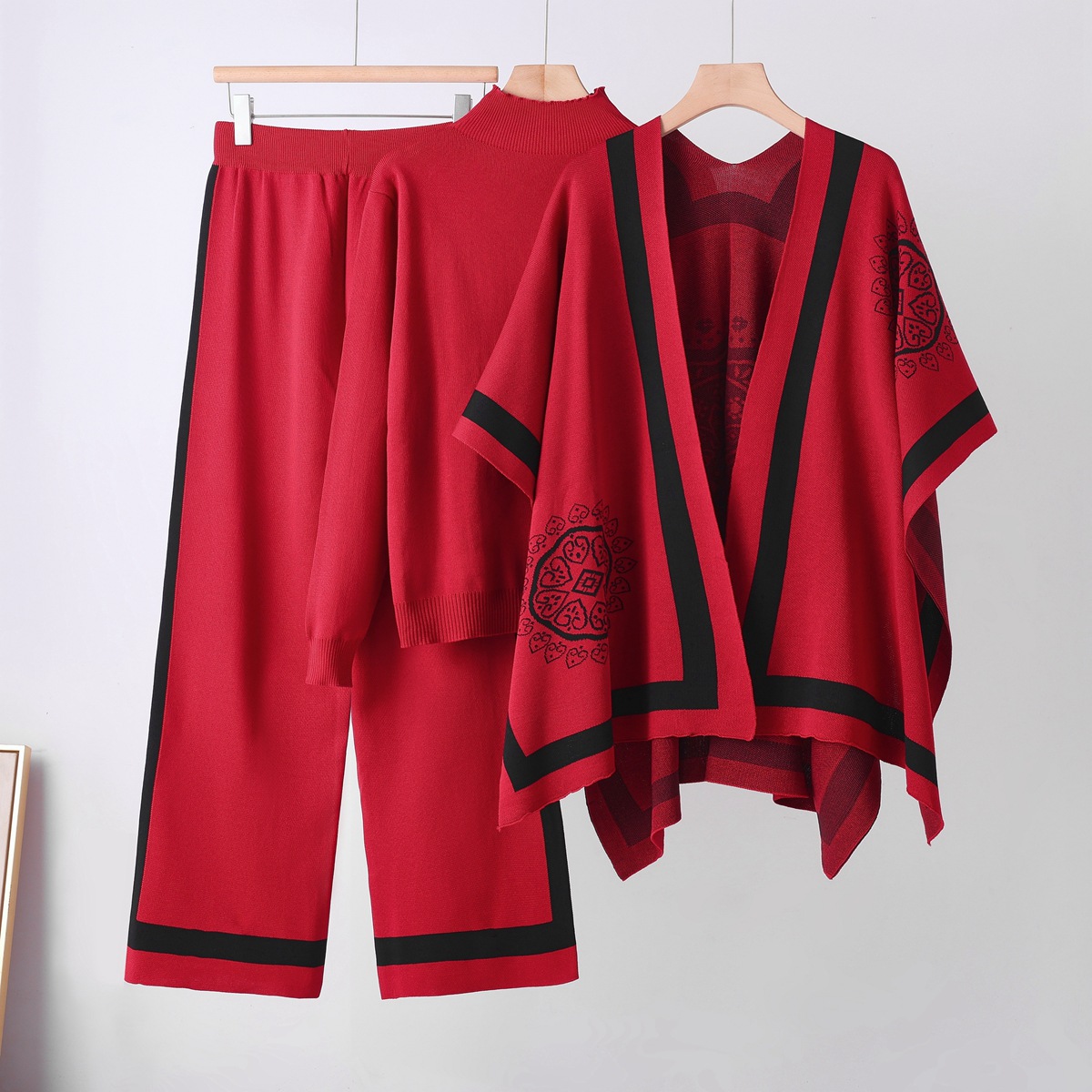 Cross border leisure suit women's autumn and winter new style temperament lazy style knitted sweater shawl cape wide leg pants three piece set Cross border leisure suit women's autumn and winter new style temperament lazy style knitted sweater shawl cape wide leg pants three piece set