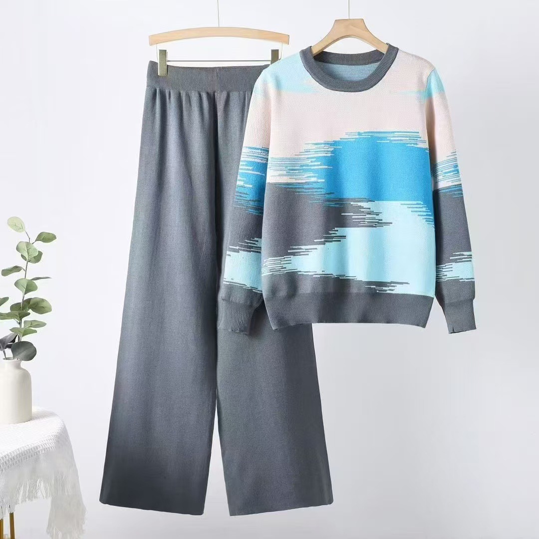 Cross border 2025 Spring and Autumn New Color blocked Round Neck Sweater Women's Set, Large Size for Slimming and Stylish Dressing, Knitted Two Piece Set Cross border 2025 Spring and Autumn New Color blocked Round Neck Sweater Women's Set, Large Size for Slimming and Stylish Dressing, Knitted Two Piece Set