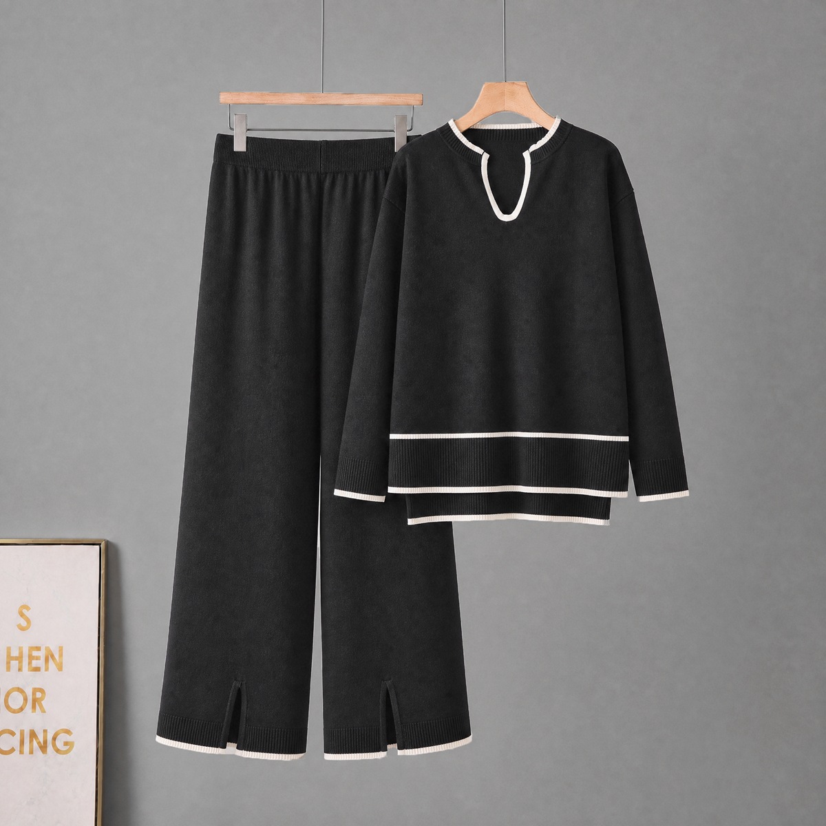 Cross border autumn and winter women's clothing U-shaped collar long sleeved knitted sweater set with split wide leg pants knitted two-piece set for women Cross border autumn and winter women's clothing U-shaped collar long sleeved knitted sweater set with split wide leg pants knitted two-piece set for women