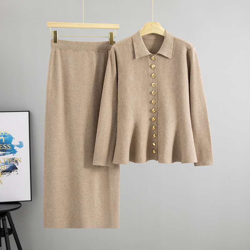 Cross border European and American style set for women's Spring and Autumn collection, featuring a half length long skirt with a lapel and ruffle hem design. This two-piece set exudes a sense of sophistication